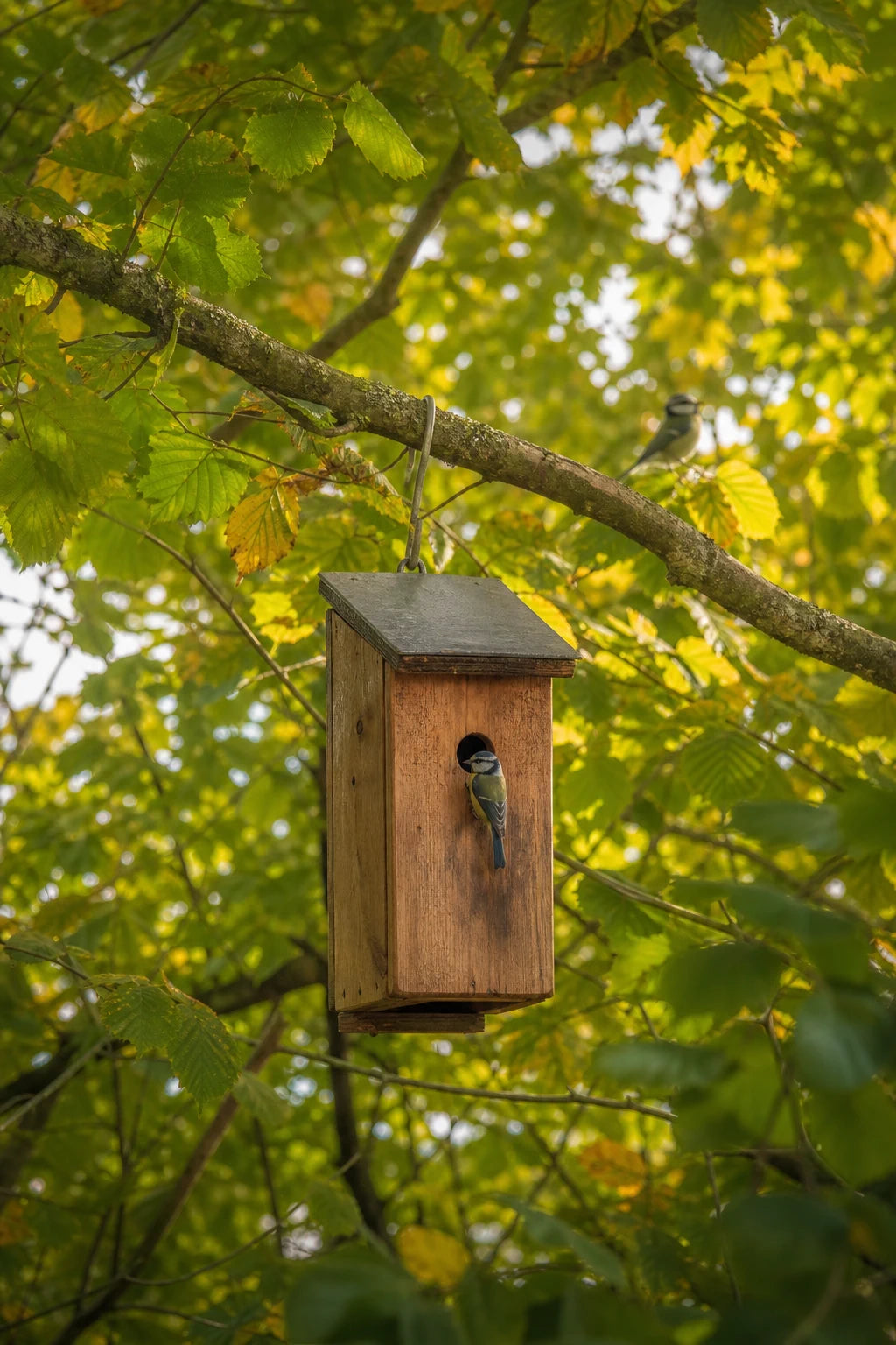 Vogelhuisje discreet tussen het groen geplaatst