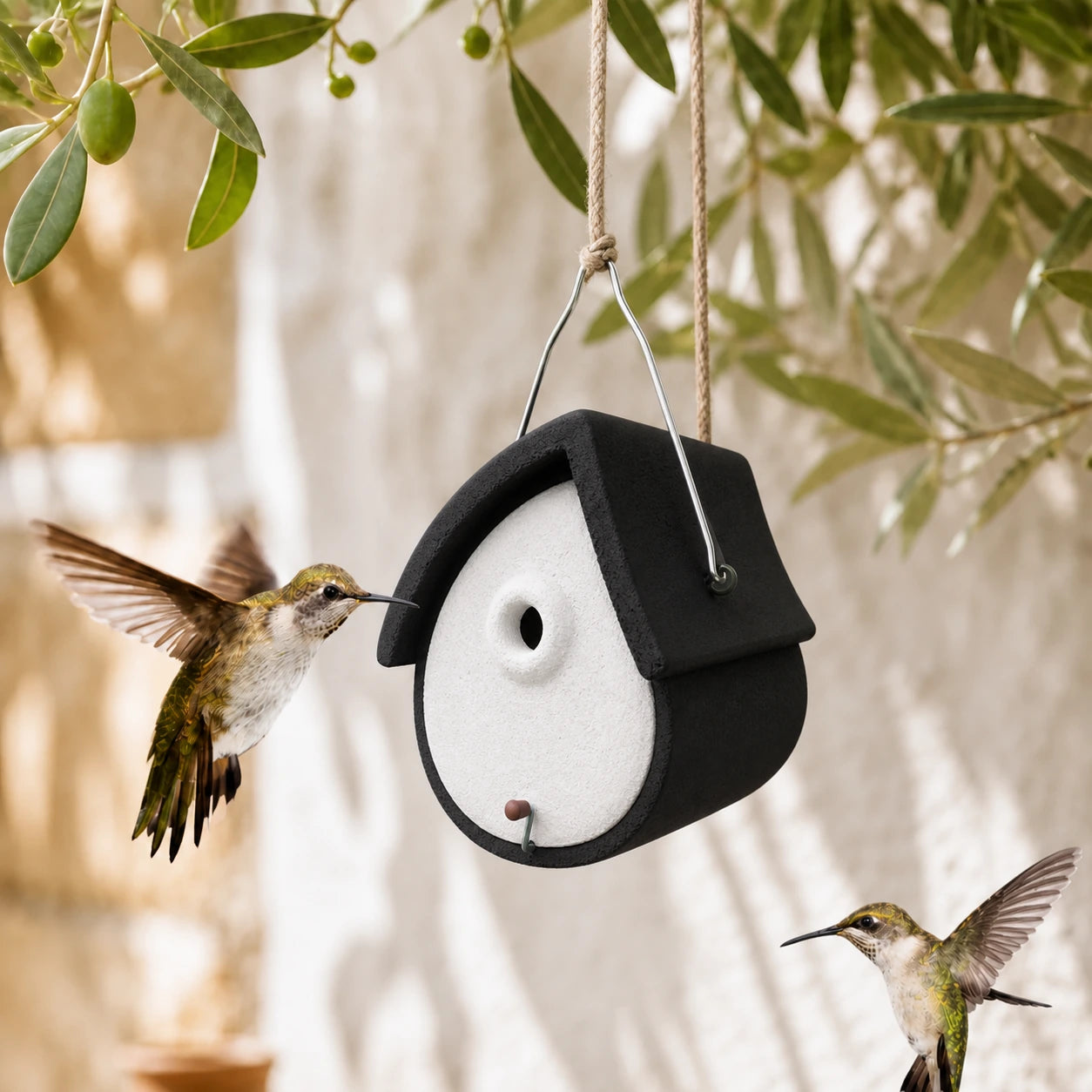 Hangend vogelhuisje zwart en wit