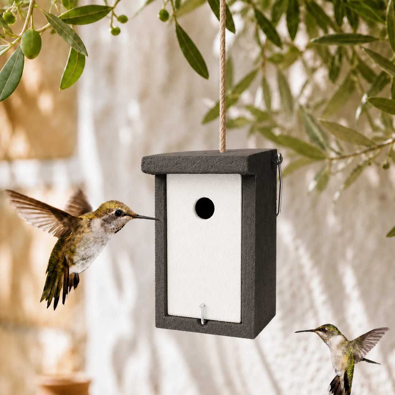 Vogelhuisje zwart en wit met dak plat