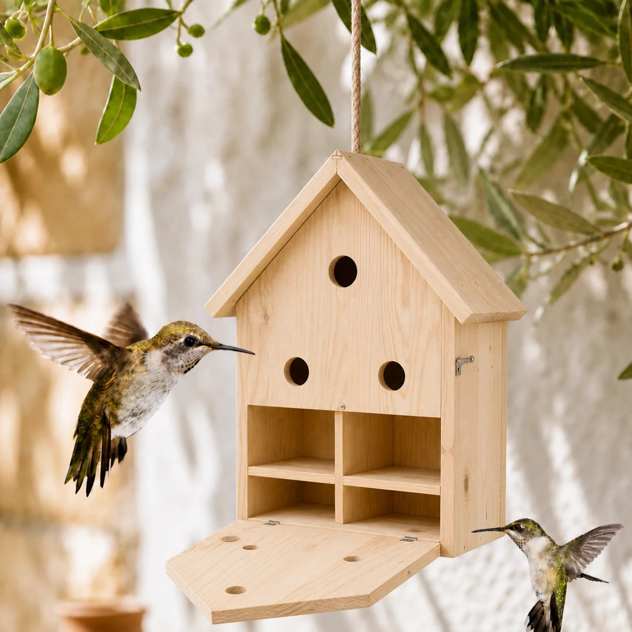 Houten vogelhuisje beige