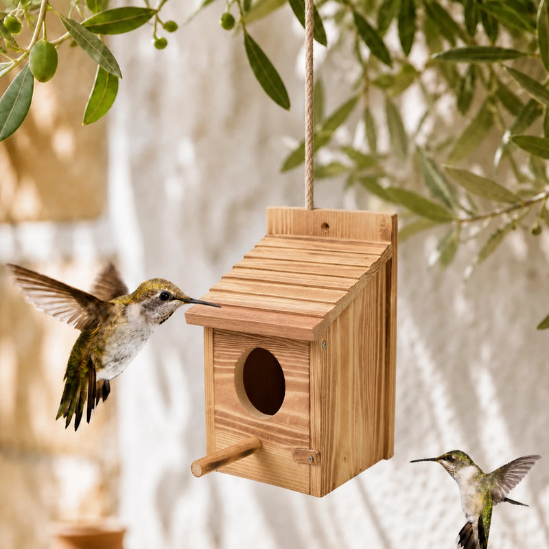 Hangend vogelhuisje van hout met dak met latten