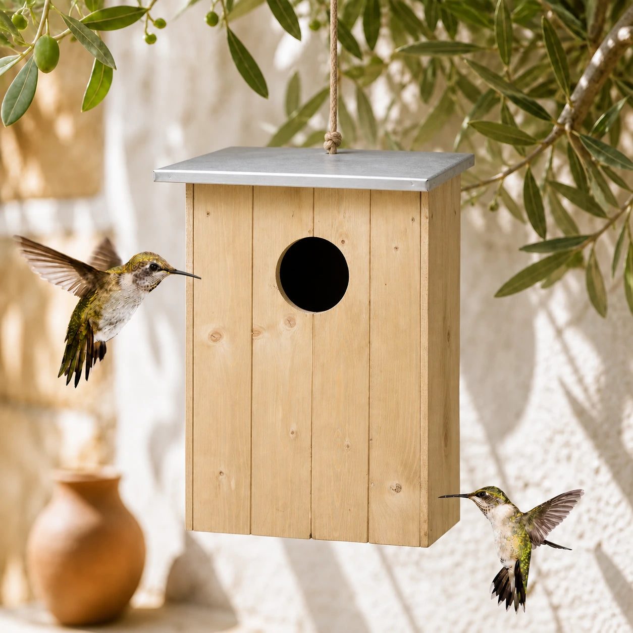 Vogelhuisje groot volume van hout met dak plat van zink