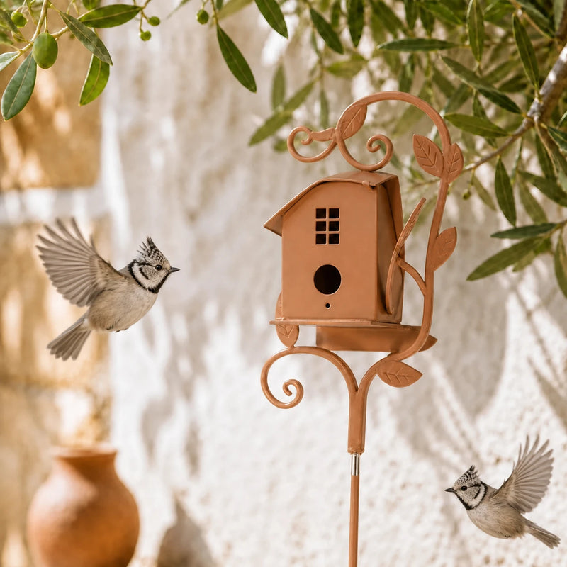 Vogelhuisje huisje van metaal op met paal