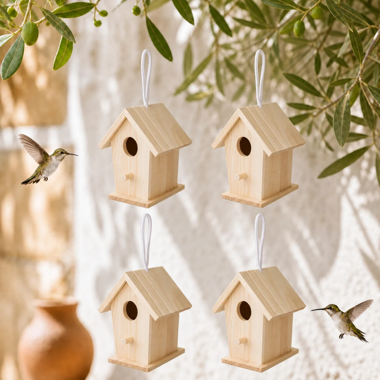 Set van 4 vogelhuisjes hangend van hout licht