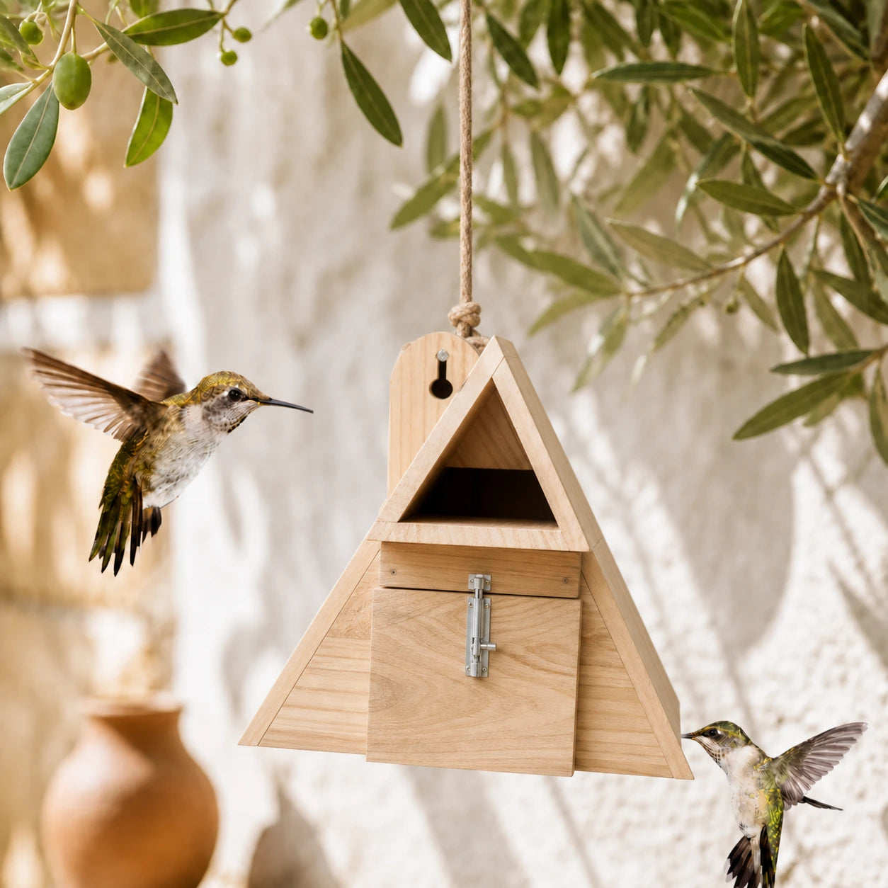Vogelhuisje driehoekig van hout met ingang open
