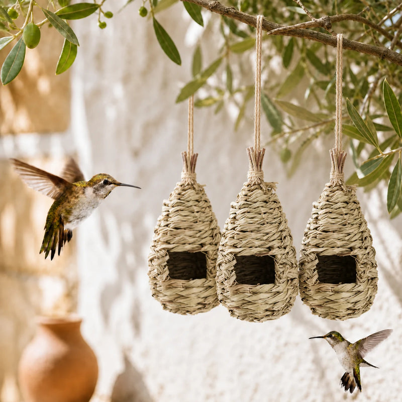 Set van 3 vogelhuisjes gevlochten hangend