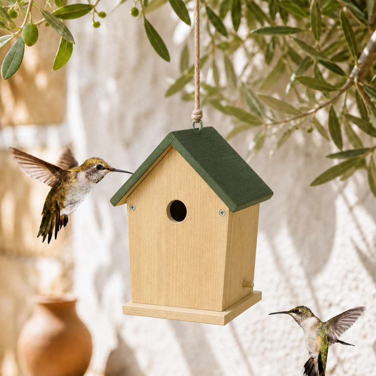 Houten vogelhuisje met voorkant opening