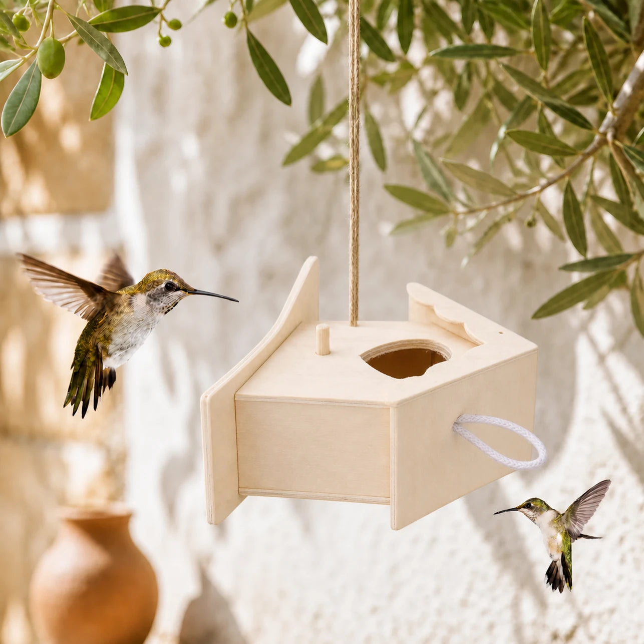 Vogelhuisje semi-open van hout met houder zij