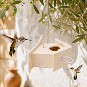 Vogelhuisje semi-open van hout met houder zij