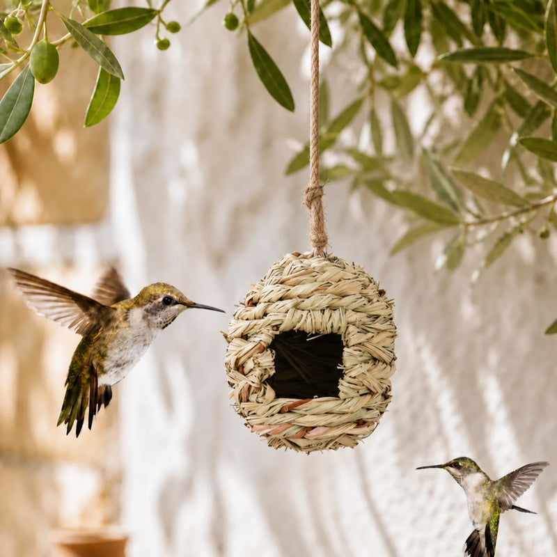 Hangend vogelhuisje rond van vezels gevlochten