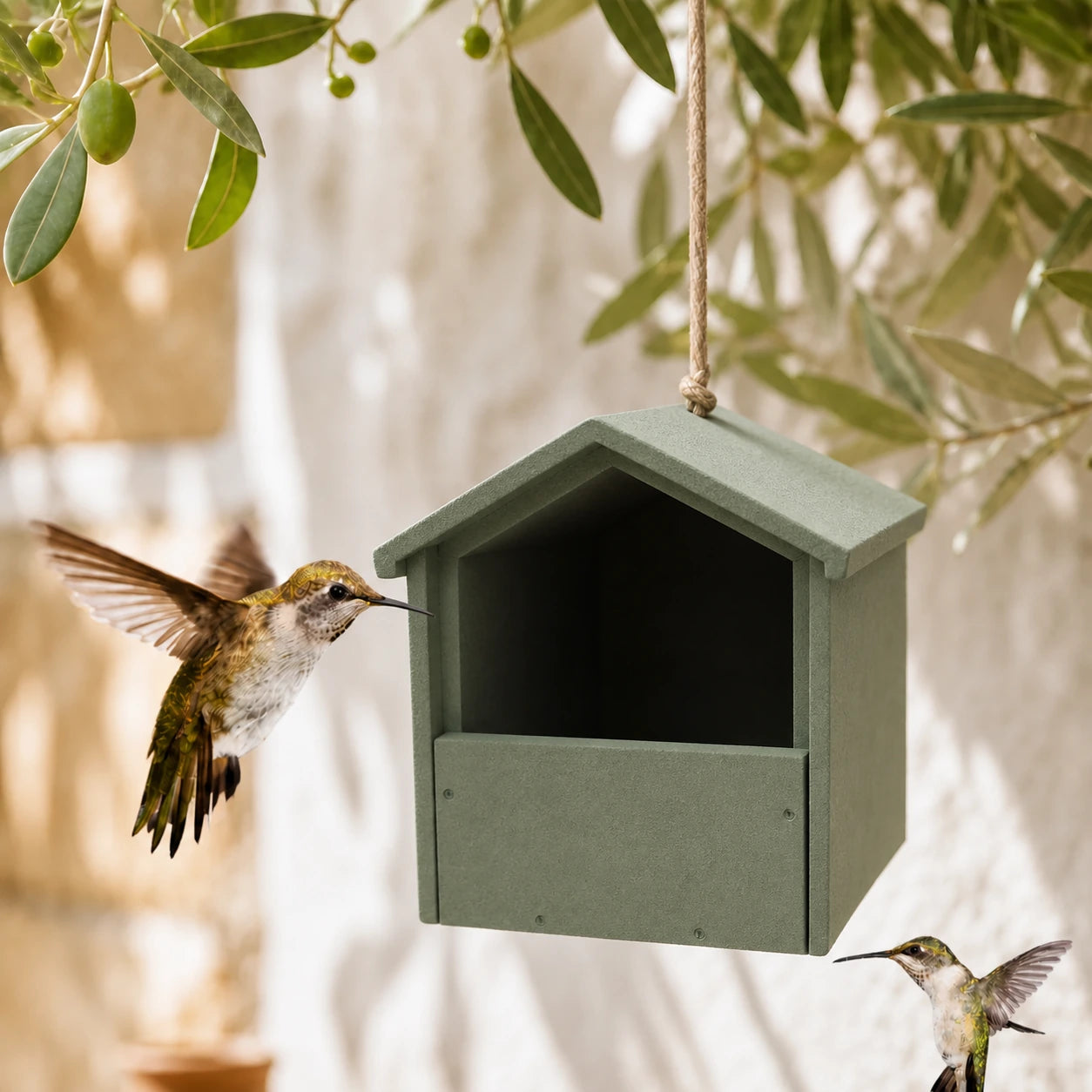 Vogelhuisje van beton met open voorkant