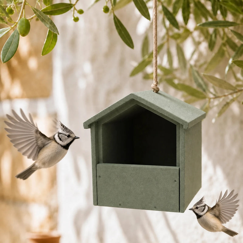Vogelhuisje van beton met open voorkant