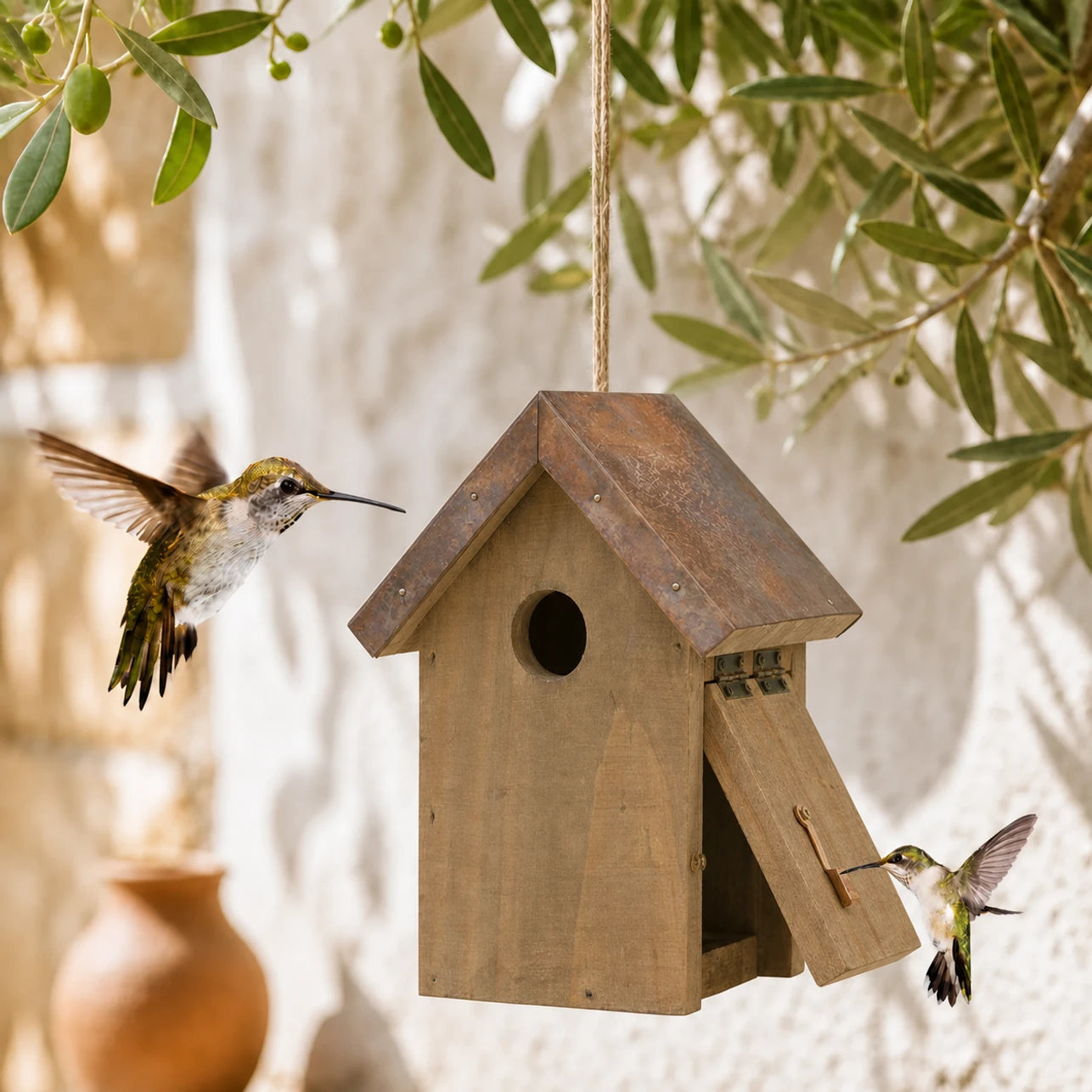 Vogelhuisje rustiek van hout bruin met dak schuin