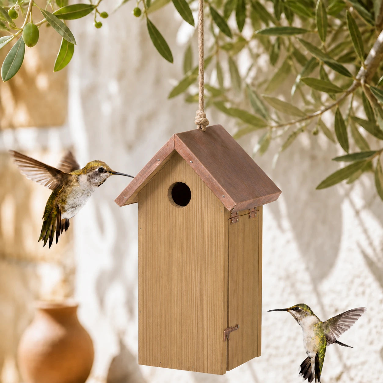 Vogelhuisje slank met dak koper ingang 32 mm