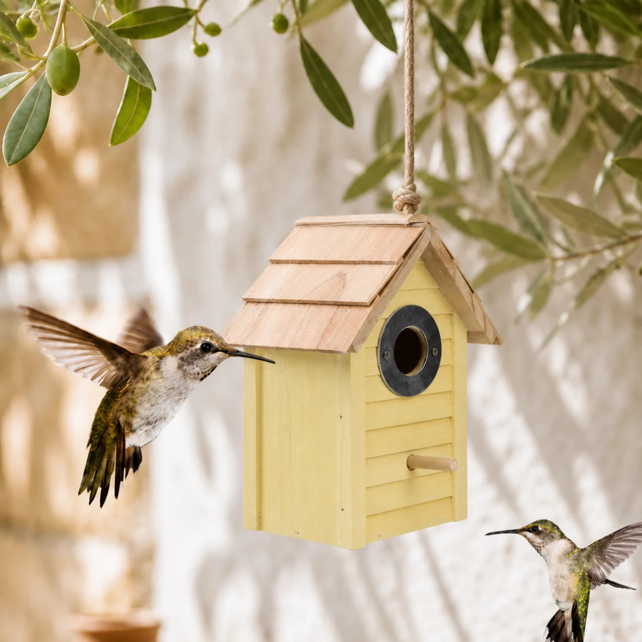Vogelhuisje geel met dak van dakspanen