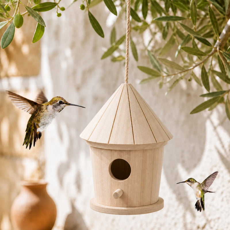 Vogelhuisje cilindrisch van hout met dak gefacetteerd