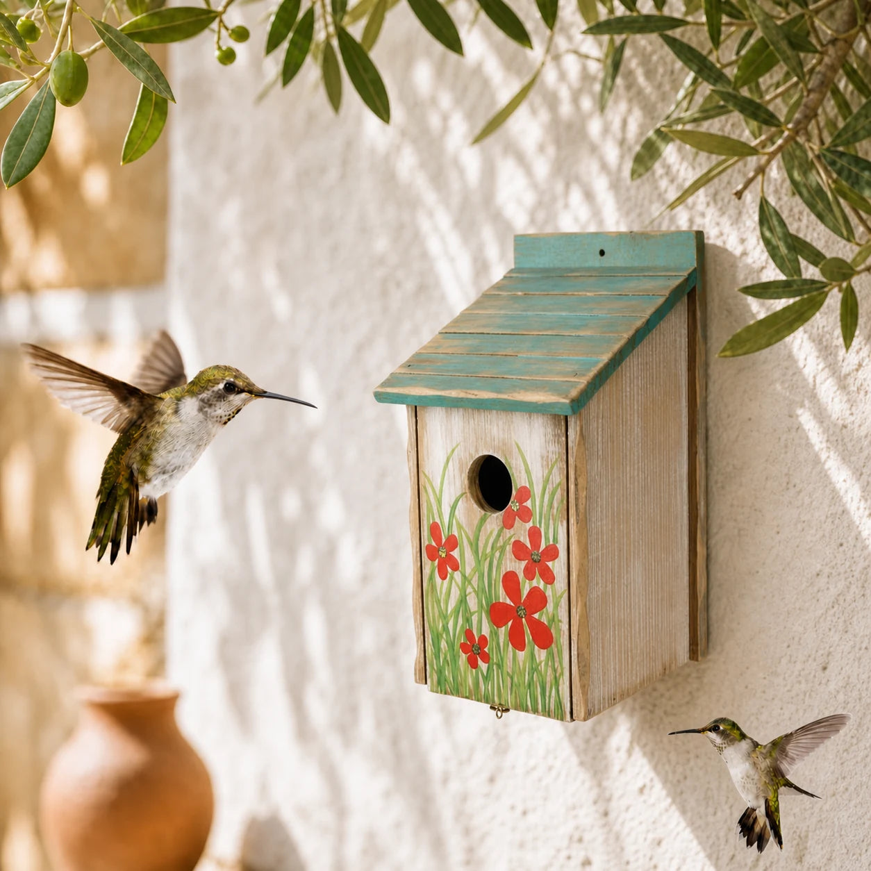 Vogelhuisje geverfd met bloemen