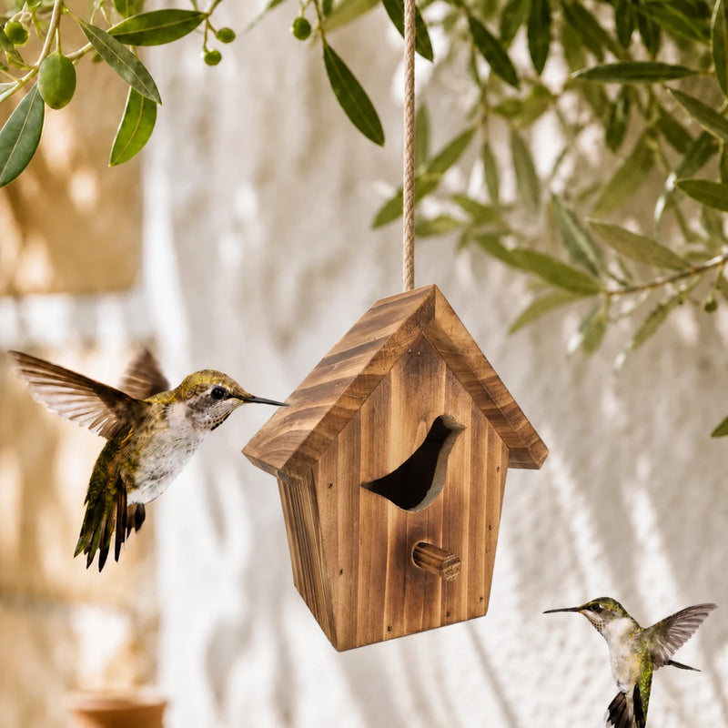 Vogelhuisje van gebrand hout met ingang breed