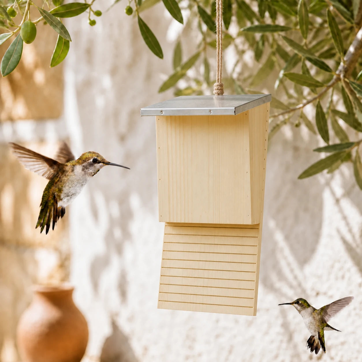 Vogelhuisje bat van hout met zinken dak