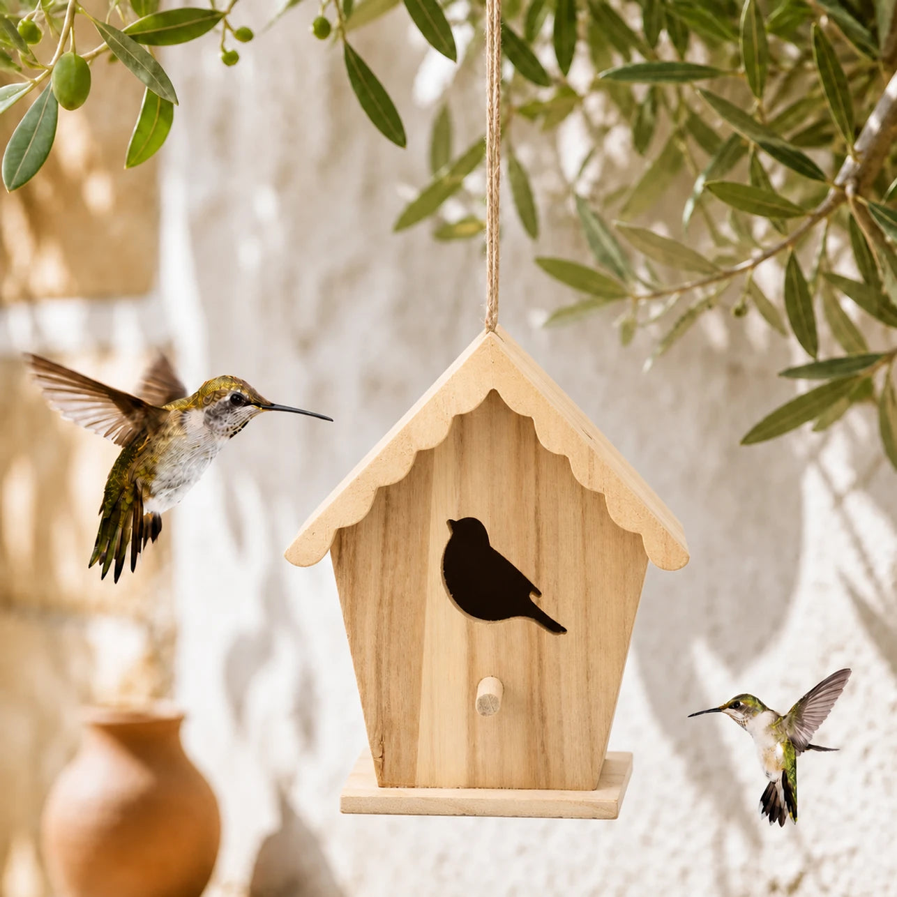 Houten vogelhuisje met voorkant cut-out en dak gegolfd