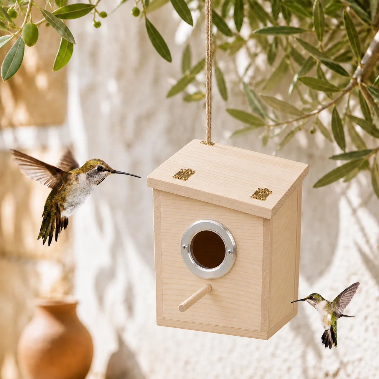 Vogelhuisje vierkant van hout met rand metaal formaat 12 × 12 × 19,5 cm