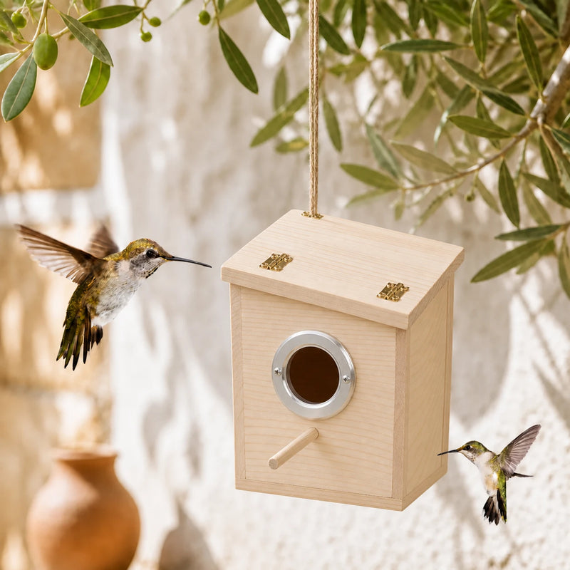 Vogelhuisje vierkant van hout met rand metaal formaat 12 × 12 × 19,5 cm