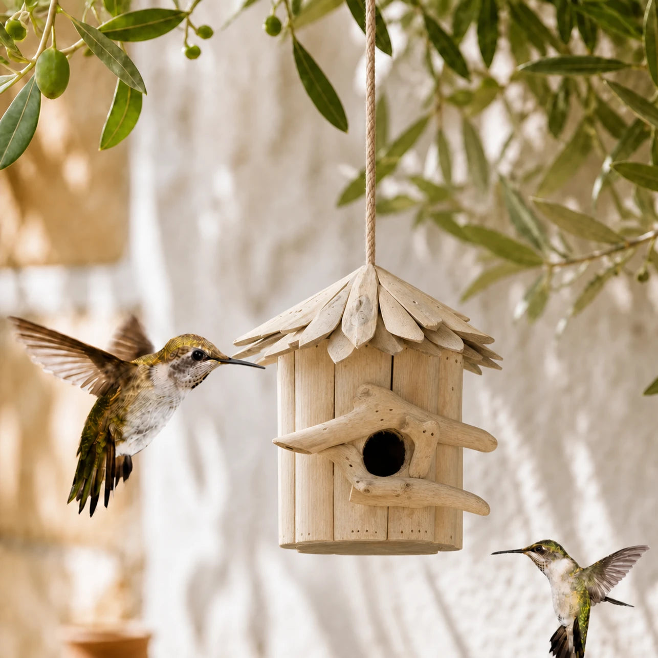 Hangend vogelhuisje van hout beige formaat 23 × 22 cm