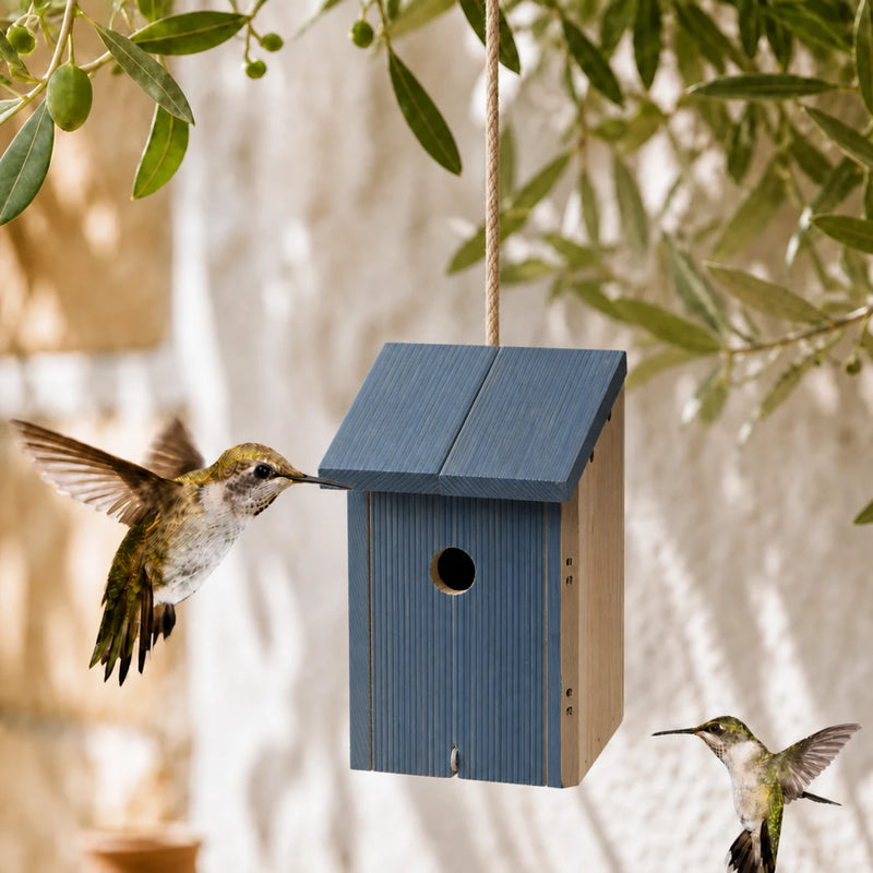 Houten vogelhuisje blauw formaat 19,9 × 18,5 × 26 cm