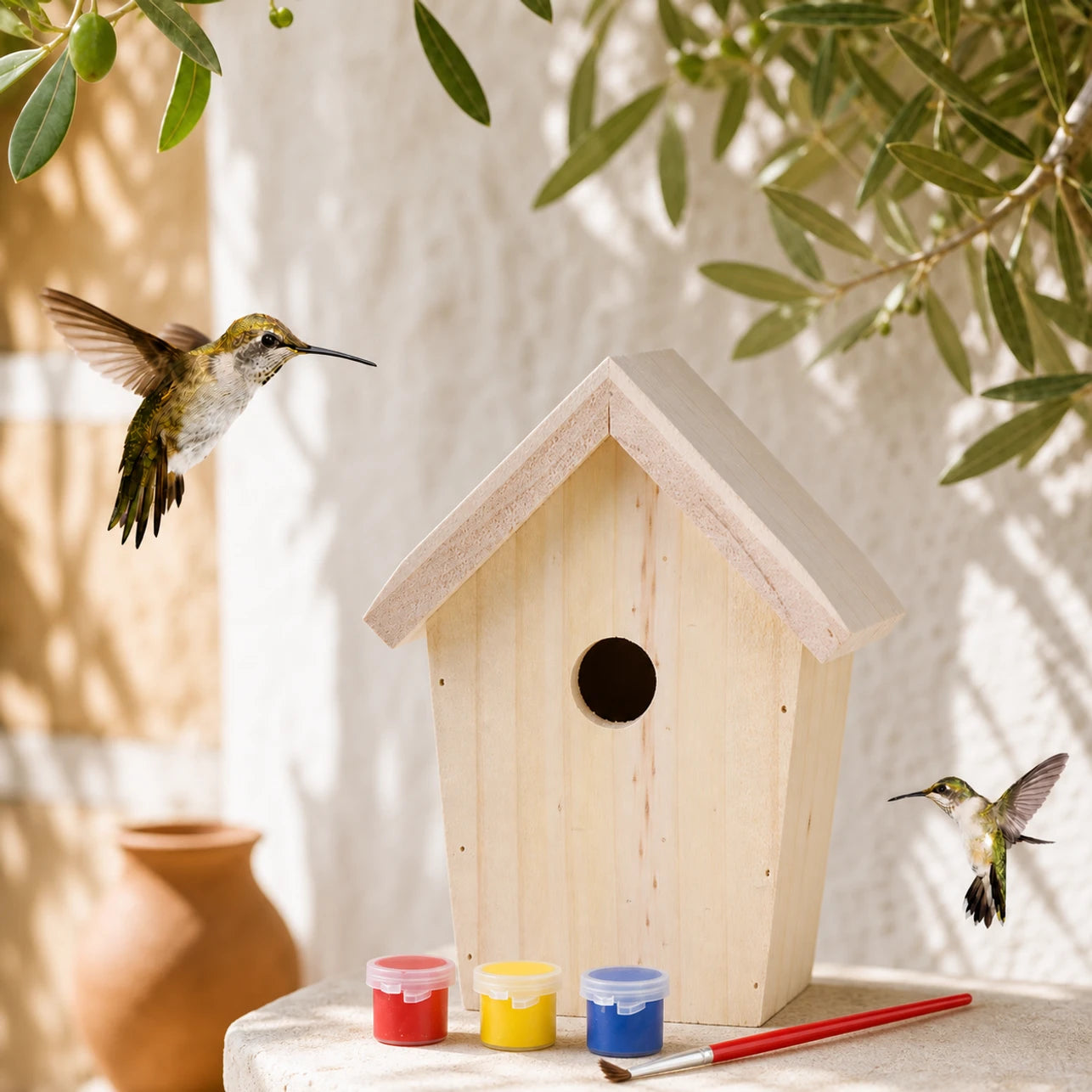 Houten vogelhuisje blauw / geel
