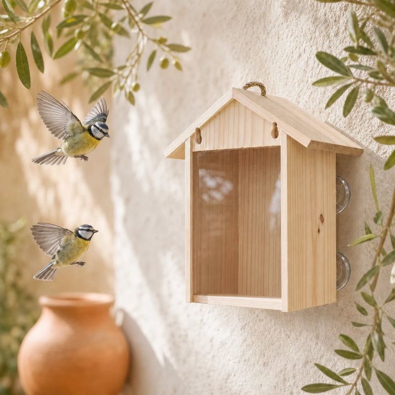 Vogelhuisje met venster met suction-cups