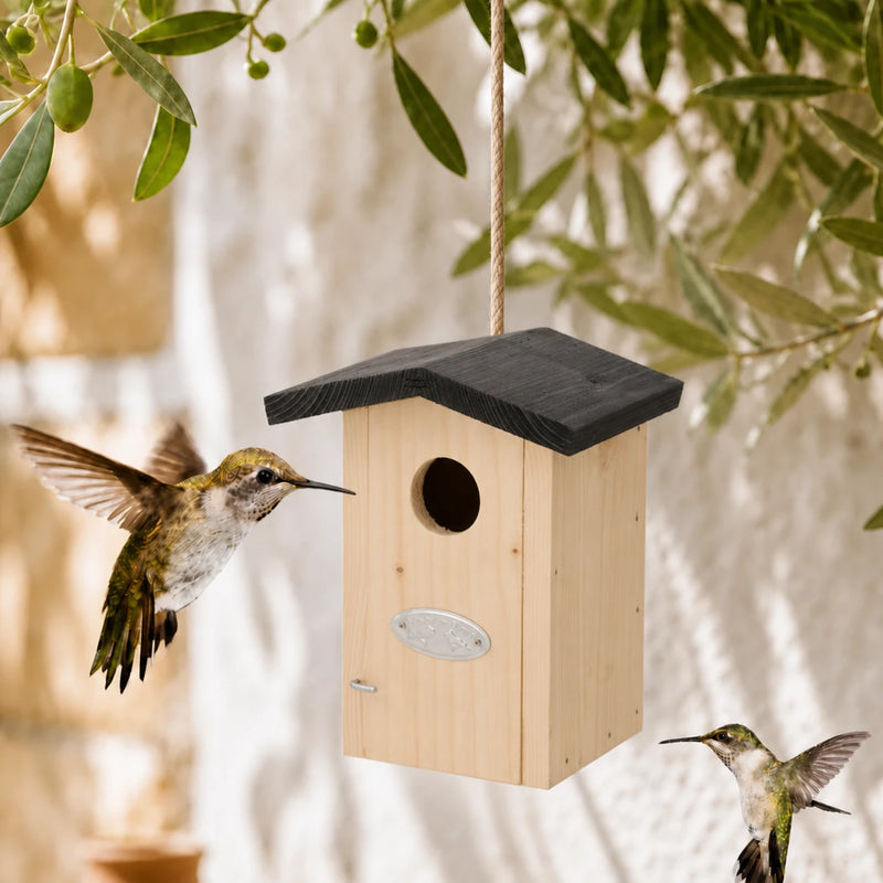 Houten vogelhuisje licht met dak zwart en paneel voorkant