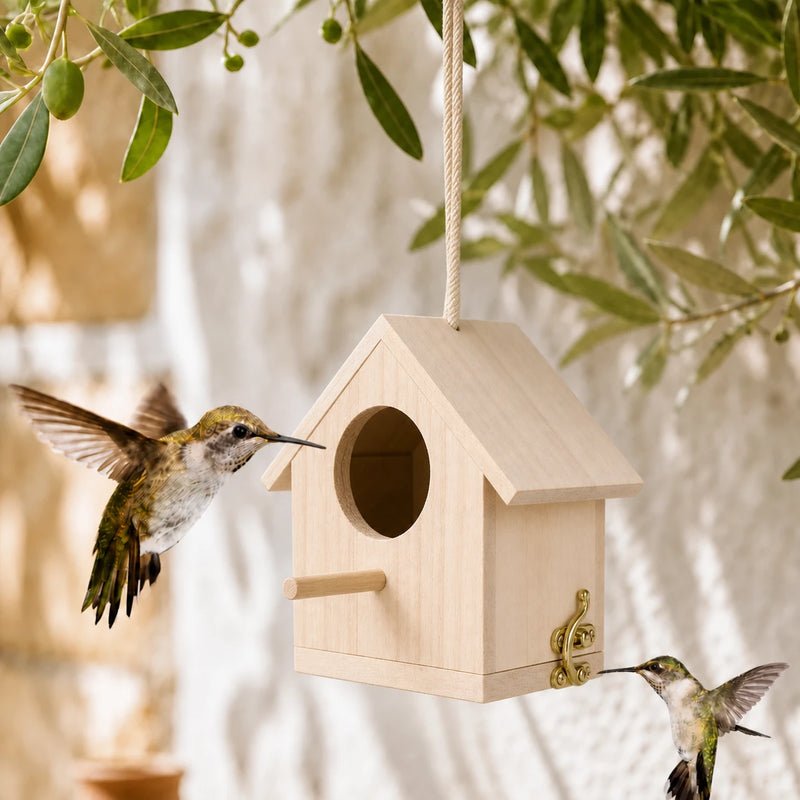 Hangend vogelhuisje van hout licht met voorkant gegraveerd
