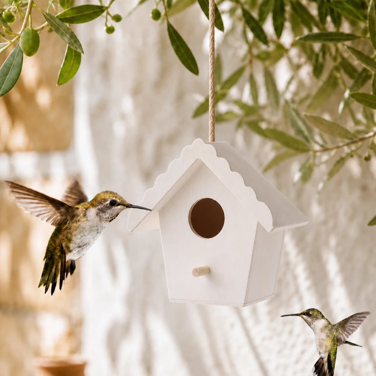 Houten vogelhuisje wit formaat 4,7 × 4,7 × 9,5 cm
