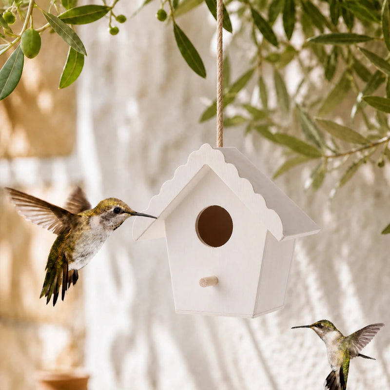 Houten vogelhuisje wit formaat 4,7 × 4,7 × 9,5 cm