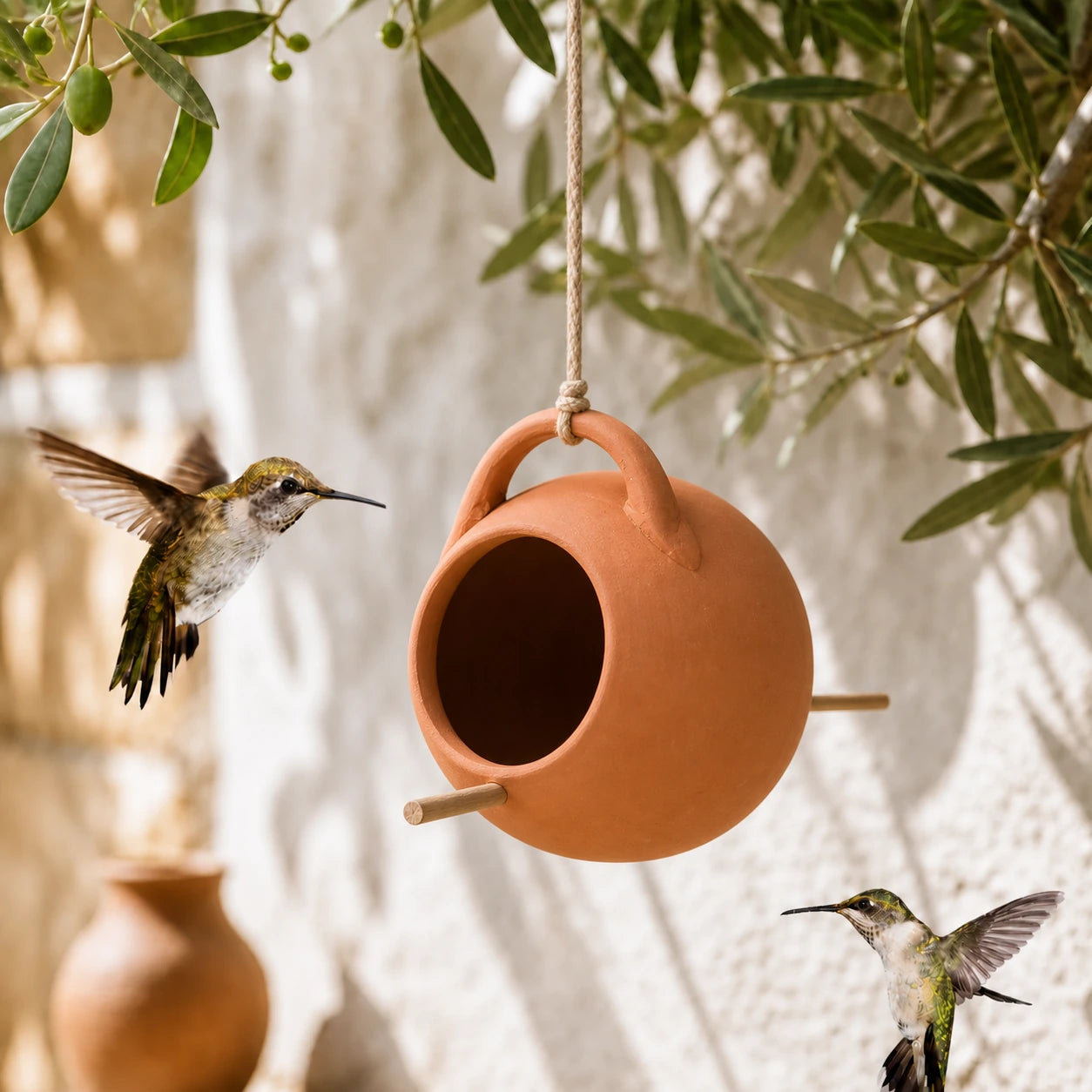 Vogelhuisje-pot hangend van terracotta met breed ingang