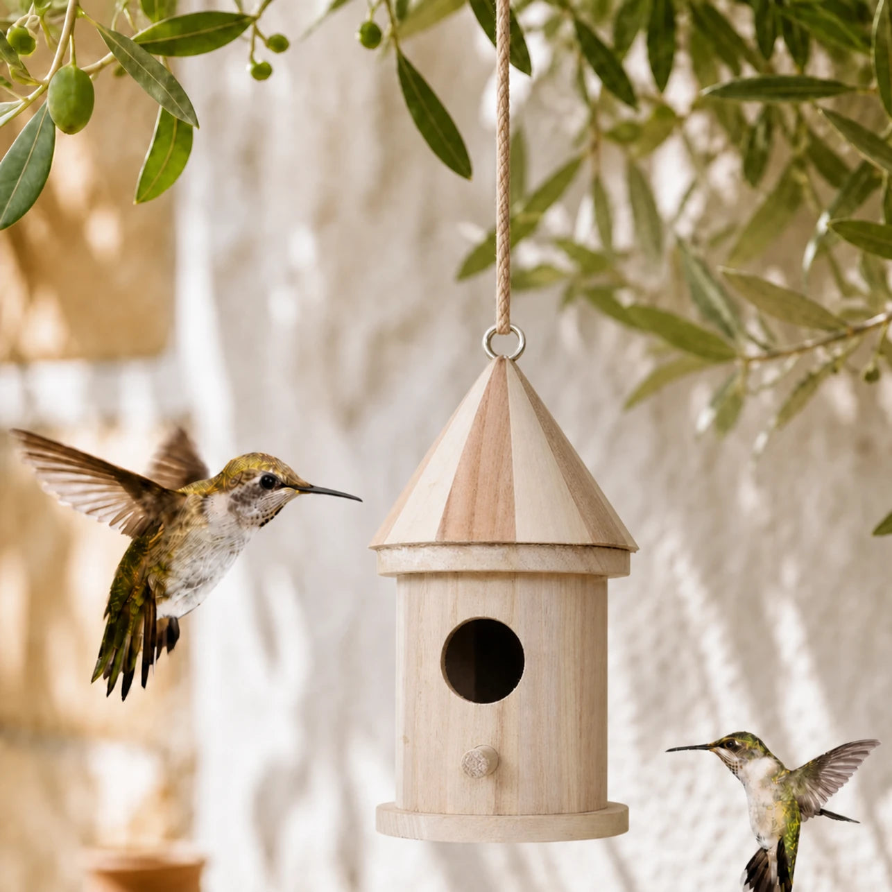 Vogelhuisje cilindrisch van hout met dak puntig