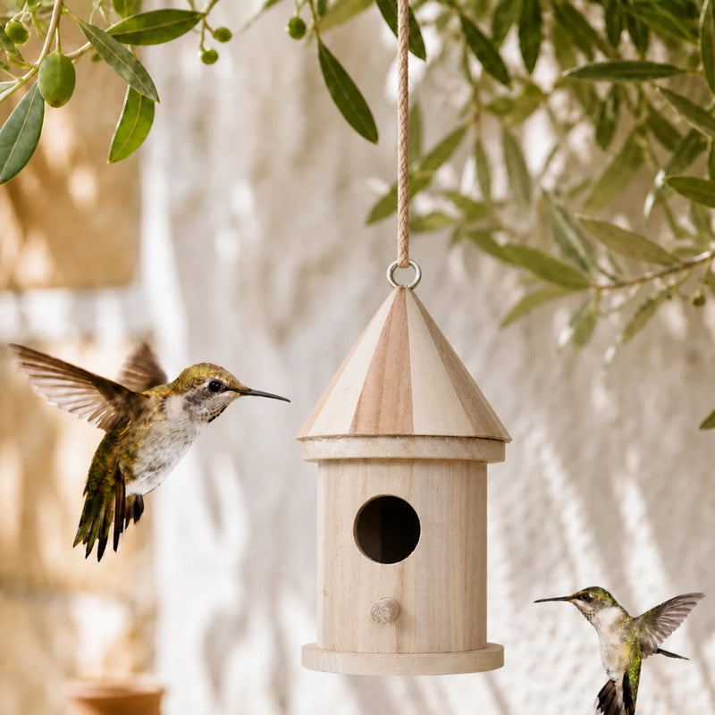 Vogelhuisje cilindrisch van hout met dak puntig