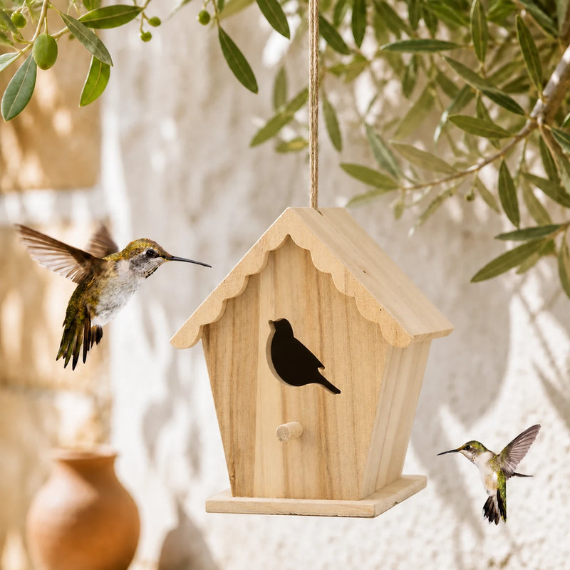 Houten vogelhuisje met dak geschulpt en voorkant cut-out