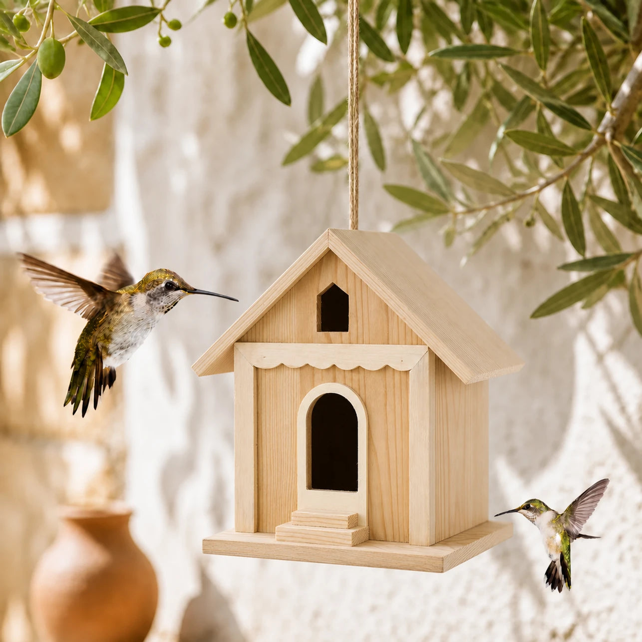 Houten vogelhuisje met ingang gebogen en afdak