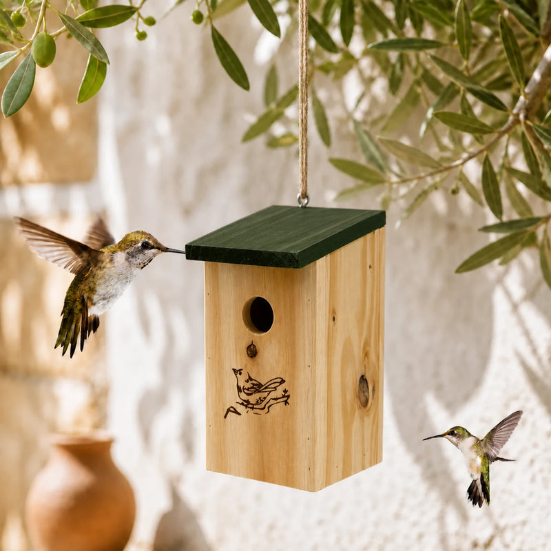 Hangend vogelhuisje van hout met groendak bruin formaat 12 × 12 × 22 cm