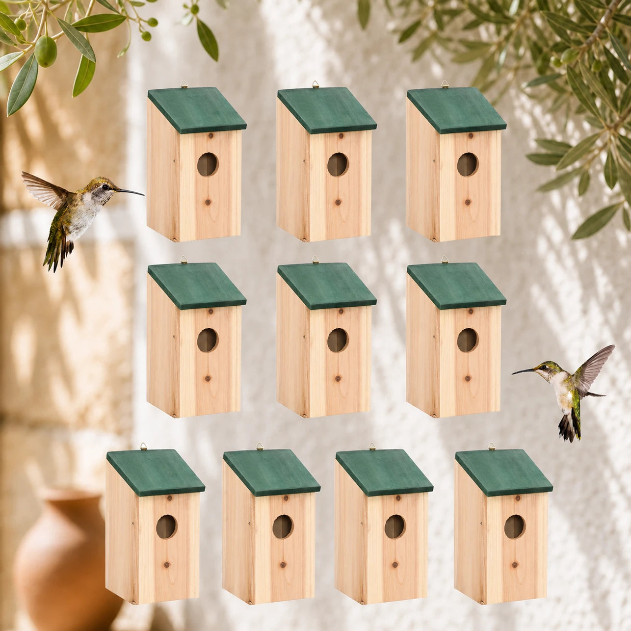 Set van 10 vogelhuisjes van spar groen formaat 12 × 12 × 22 cm