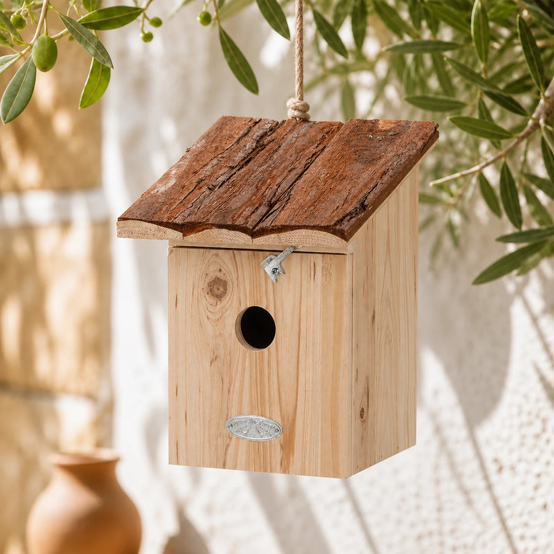 Vogelhuisje met dak van schors ingang 32 mm