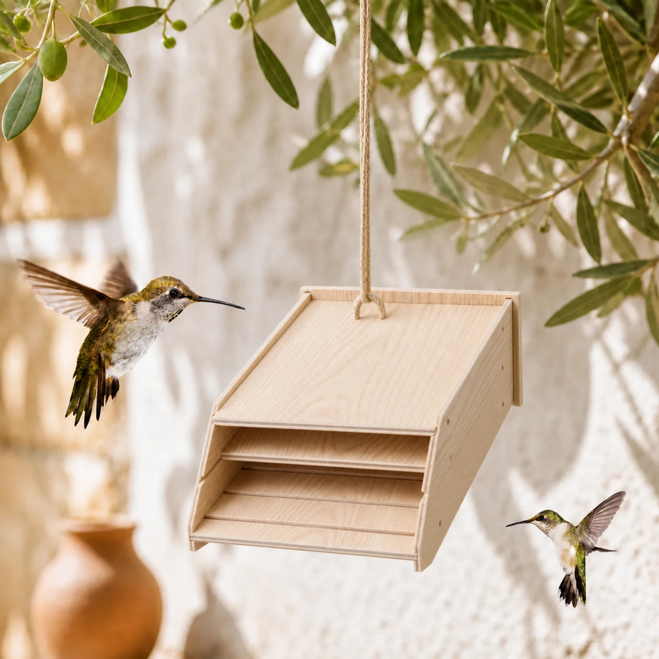 Vogelhuisje semi-open van hout met afdak schuin