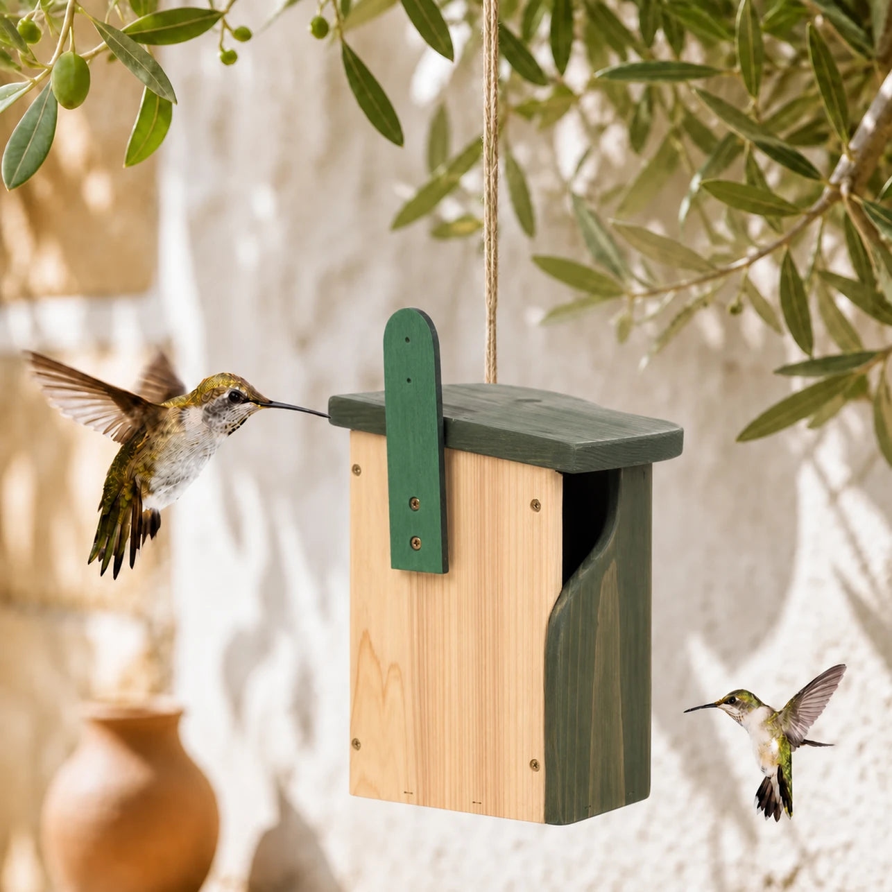Houten vogelhuisje met upright groen