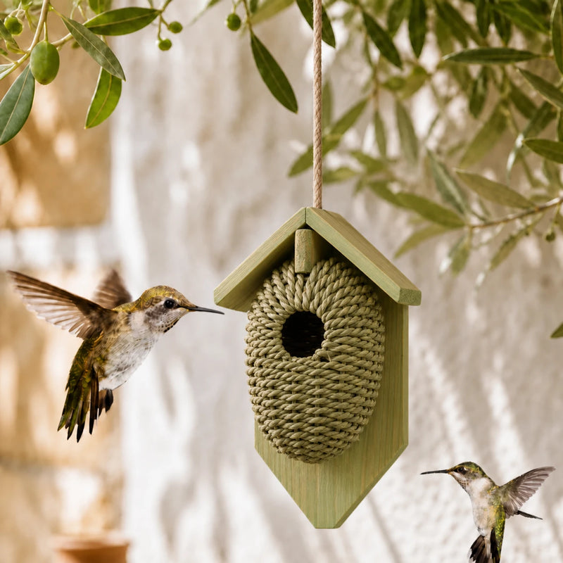 Houten vogelhuisje en seagrass groen formaat 15,2 × 10,2 × 26,2 cm