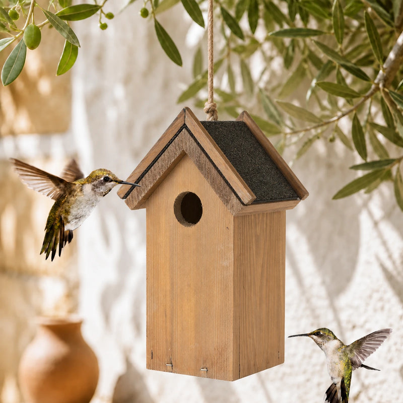 Vogelhuisje bruin antiek compact met dubbel bitumendak