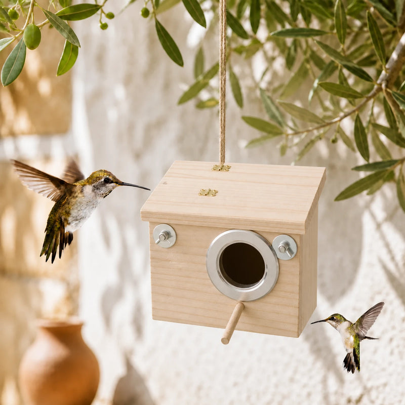 Hangend vogelhuisje van hout met ingang metaal