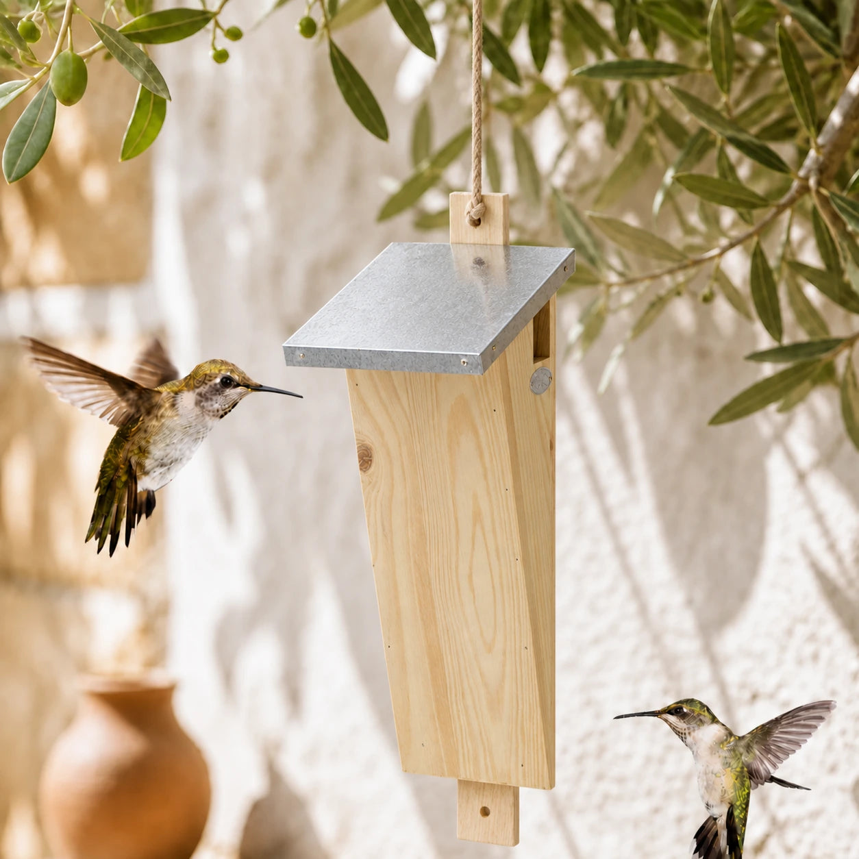Vogelhuisje slank van hout met zinken dak
