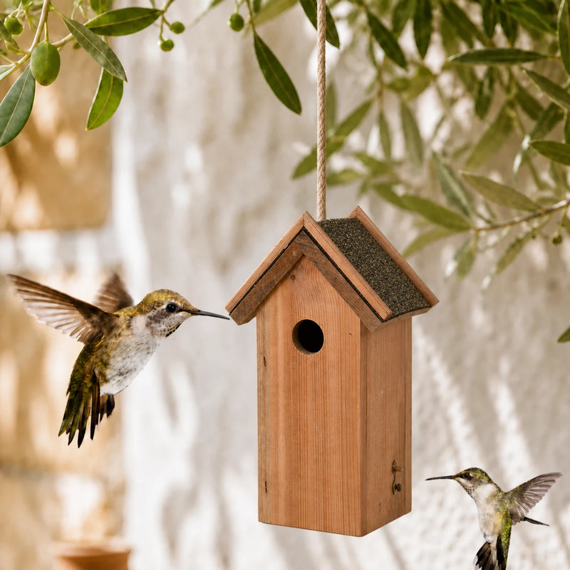 Houten vogelhuisje met bitumendak bruin