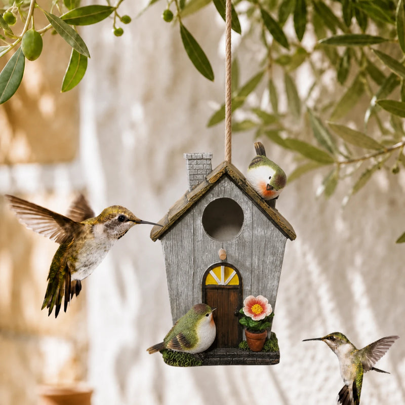 Vogelhuisje decoratief van hars met voorkant bloemen